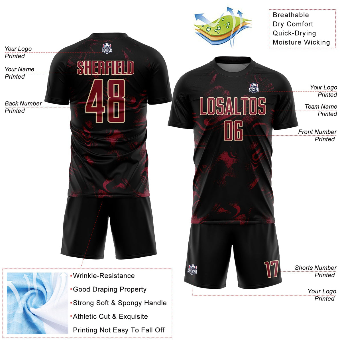 Custom Black Crimson-Cream Abstract Liquid Sublimation Soccer Uniform Jersey