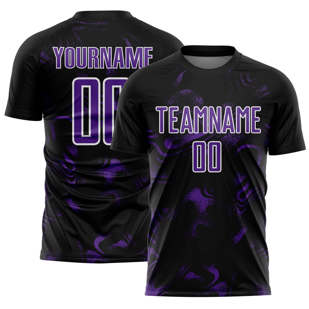 Custom Black Purple-White Abstract Liquid Sublimation Soccer Uniform Jersey