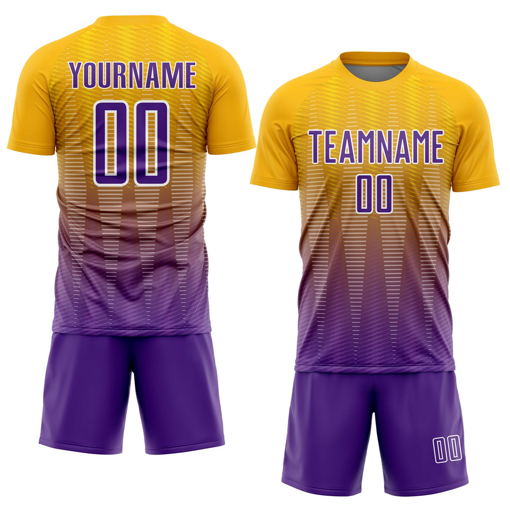 Custom Gold Purple-White Gradient Line Sublimation Soccer Uniform Jersey