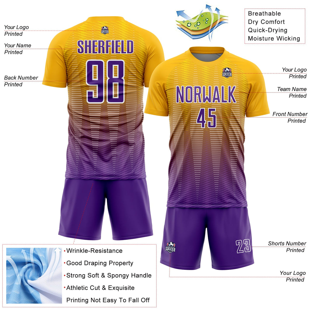 Custom Gold Purple-White Gradient Line Sublimation Soccer Uniform Jersey