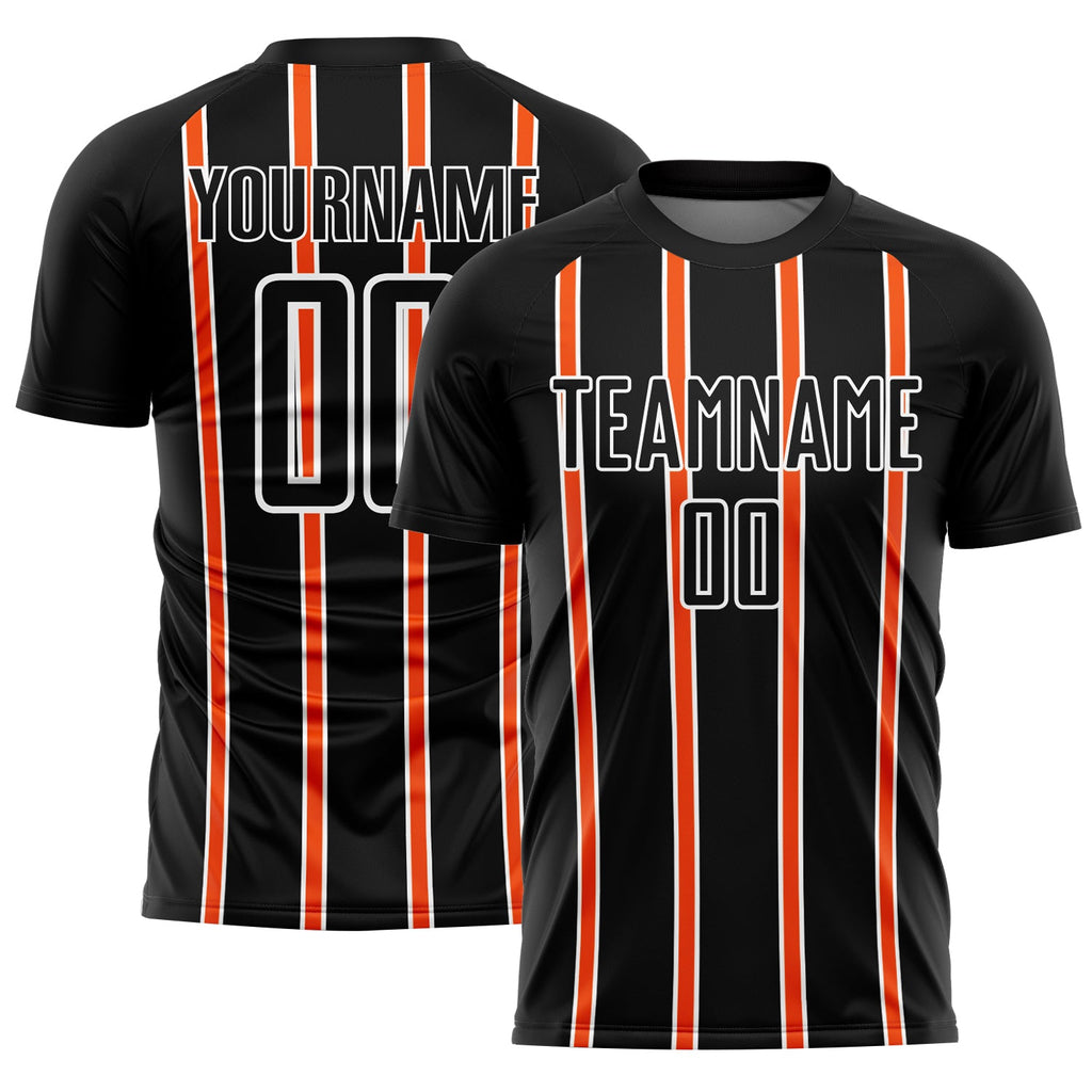 Custom Black Orange-White Stripe Line Sublimation Soccer Uniform Jersey