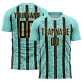 Custom Ice Blue Black-Old Gold Stripe Line Sublimation Soccer Uniform Jersey