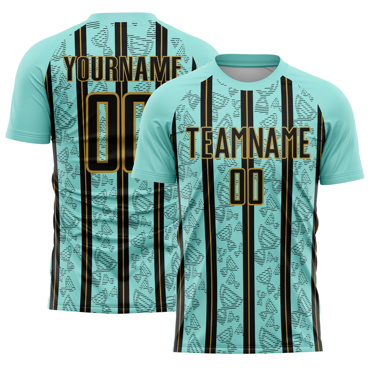 Custom Ice Blue Black-Old Gold Stripe Line Sublimation Soccer Uniform Jersey