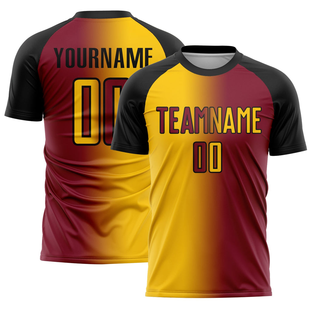 Custom Crimson Yellow-Black Sublimation Gradient Fashion Soccer Uniform Jersey