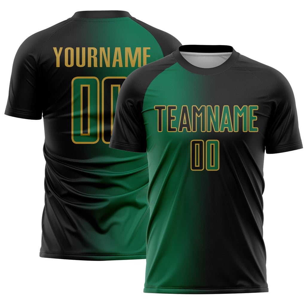 Custom Black Kelly Green-Old Gold Sublimation Gradient Fashion Soccer Uniform Jersey
