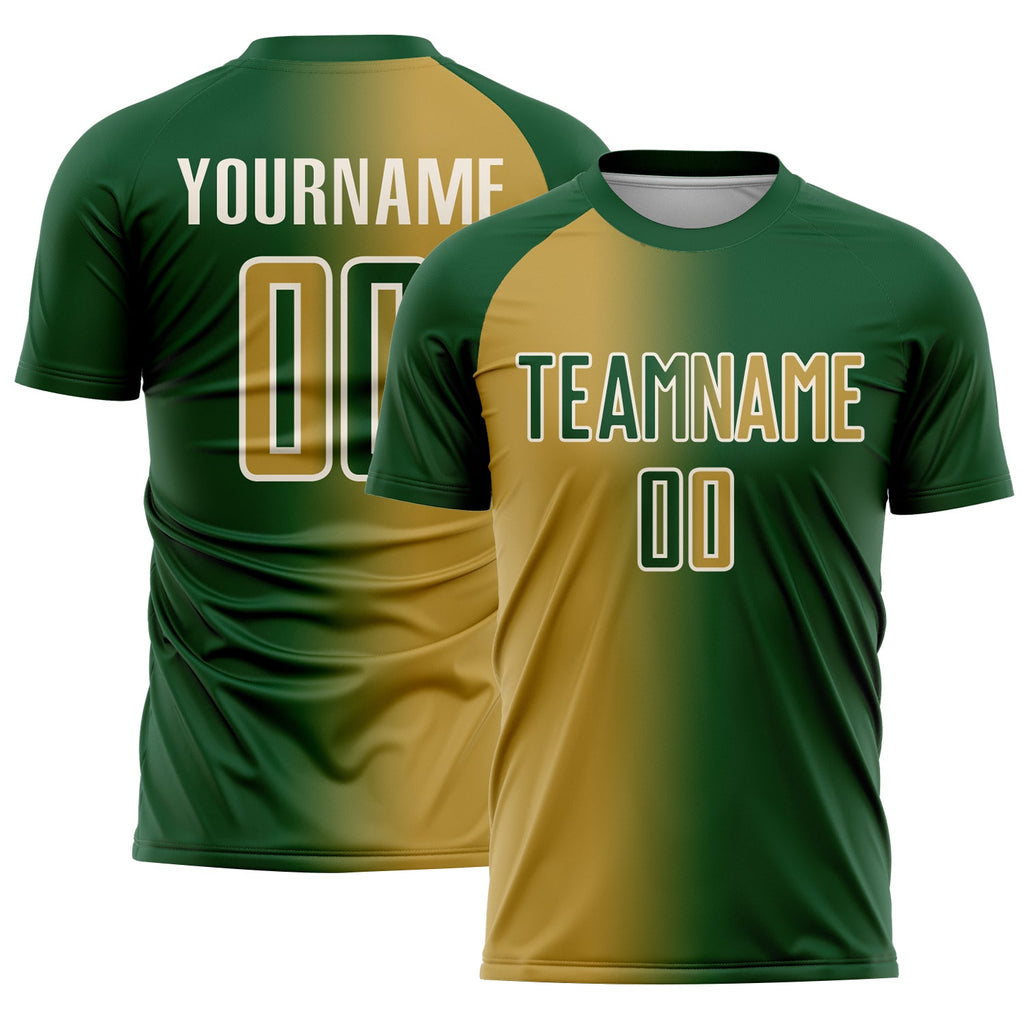 Custom Green Old Gold-Cream Sublimation Gradient Fashion Soccer Uniform Jersey