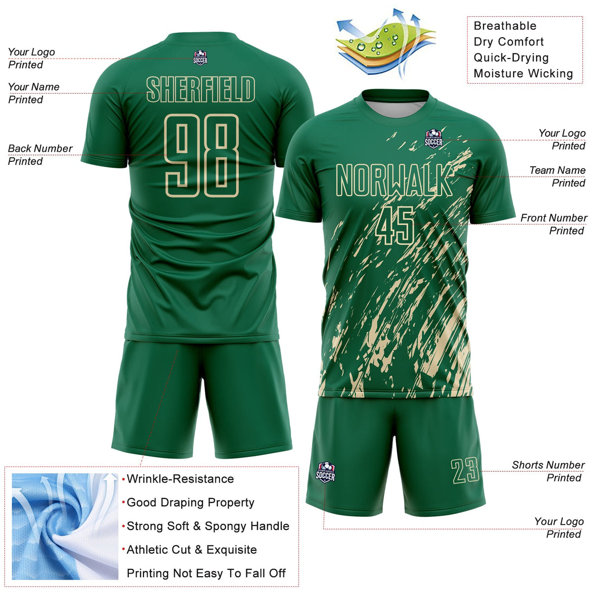 Custom Kelly Green Cream Splash Sublimation Soccer Uniform Jersey