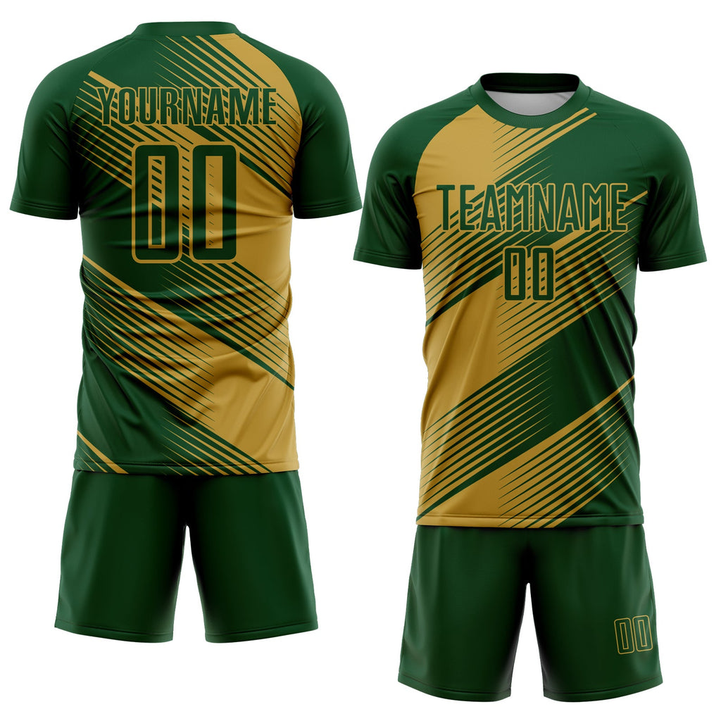 Custom Green Old Gold Line Sublimation Soccer Uniform Jersey