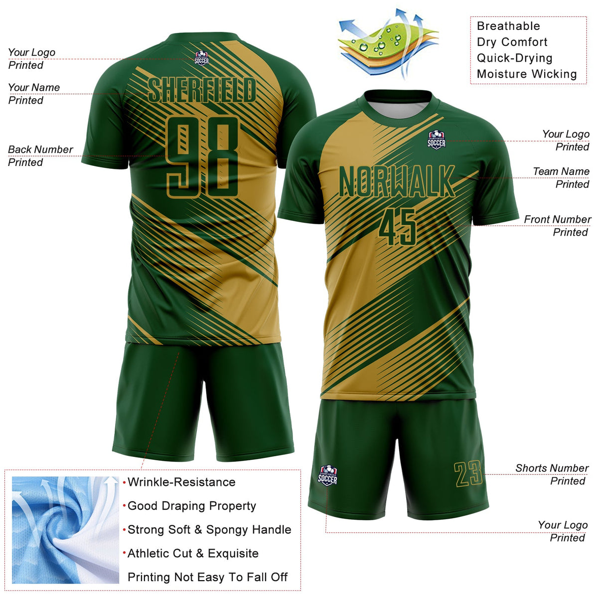 Custom Green Old Gold Line Sublimation Soccer Uniform Jersey
