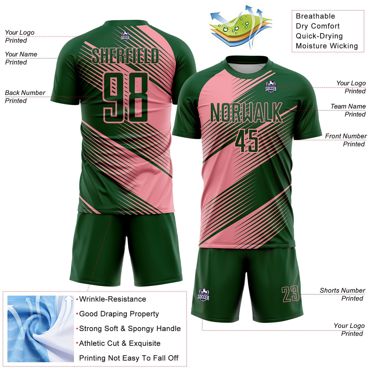 Custom Green Medium Pink Line Sublimation Soccer Uniform Jersey