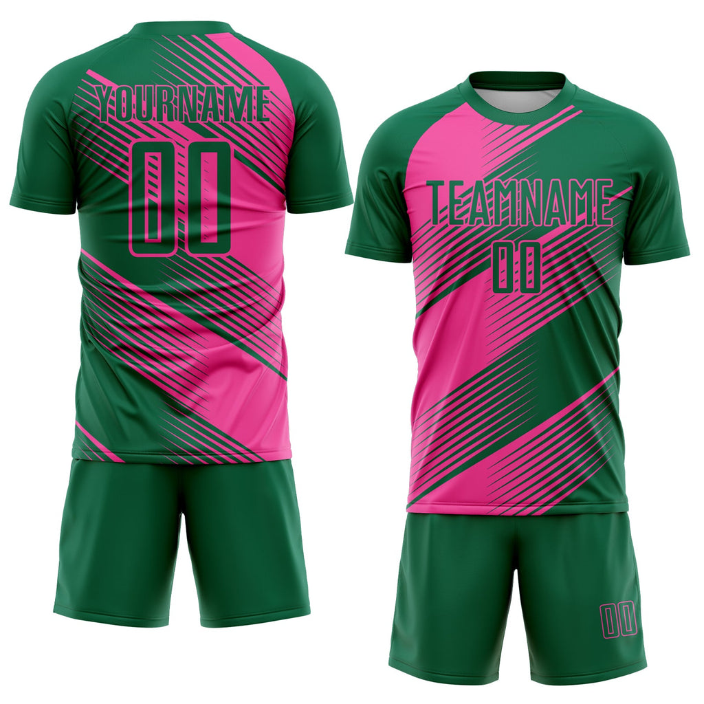 Custom Kelly Green Pink Line Sublimation Soccer Uniform Jersey