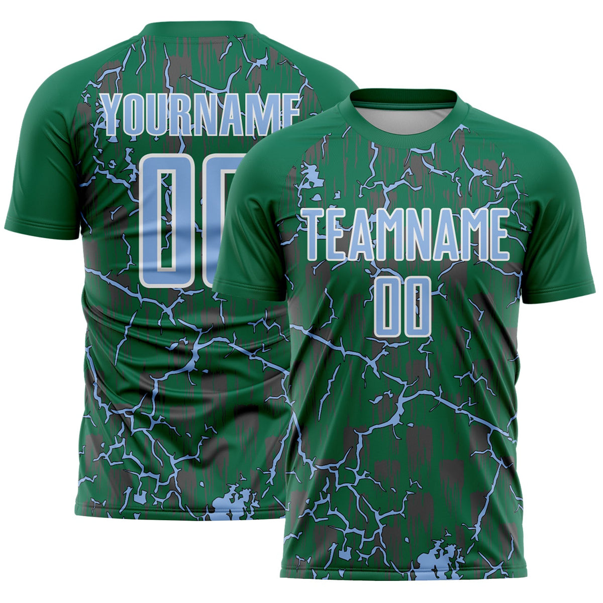 Custom Kelly Green Light Blue-White Lightning Sublimation Soccer Uniform Jersey