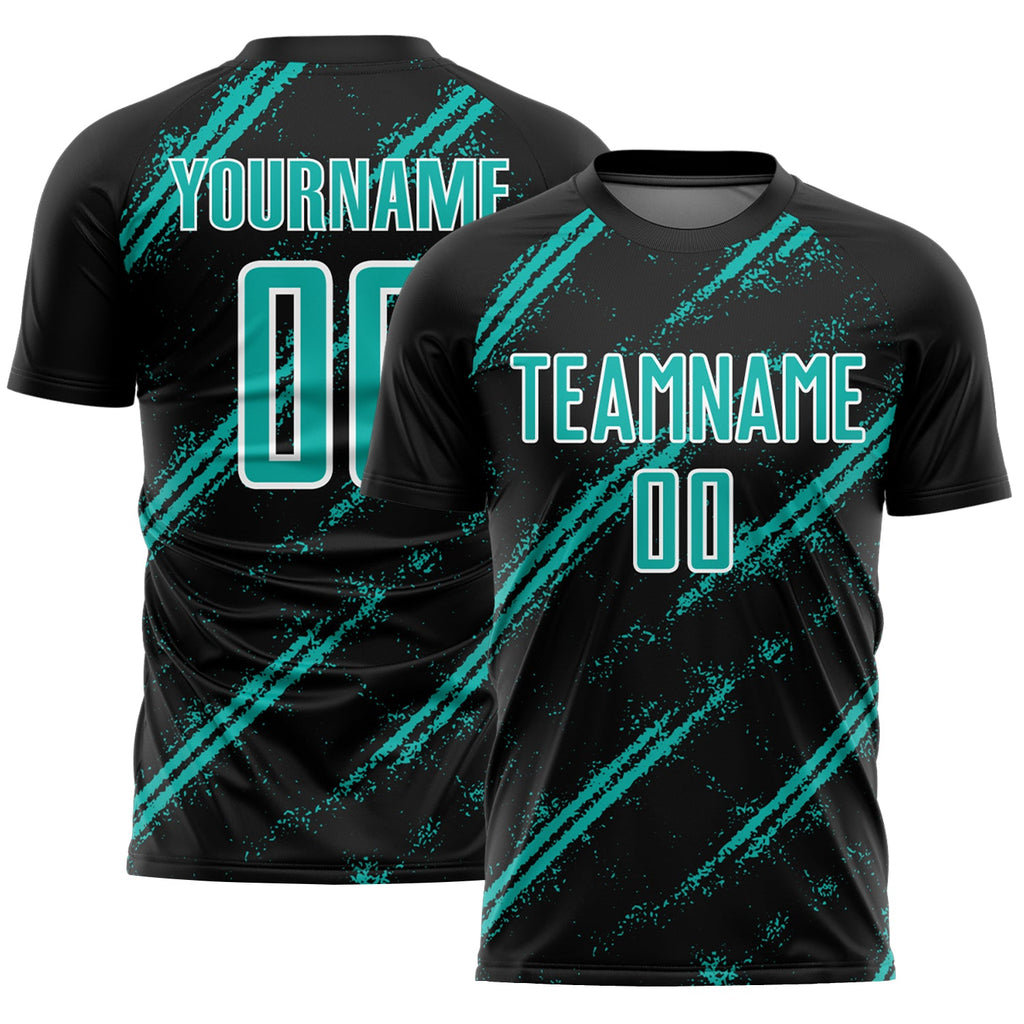 Custom Black Aqua-White Abstract Fragment Art Splash Sublimation Soccer Uniform Jersey