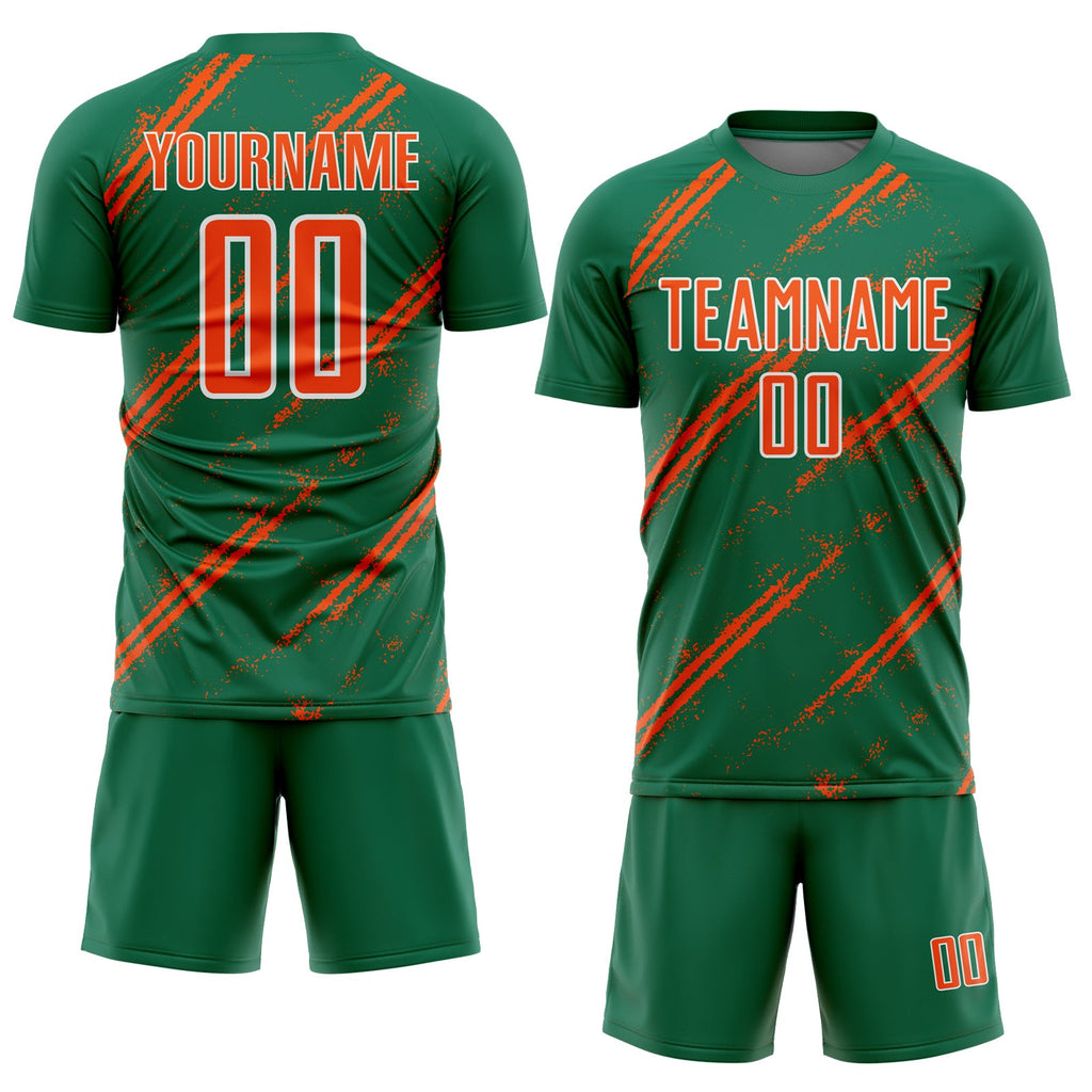 Custom Kelly Green Orange-White Abstract Fragment Art Splash Sublimation Soccer Uniform Jersey