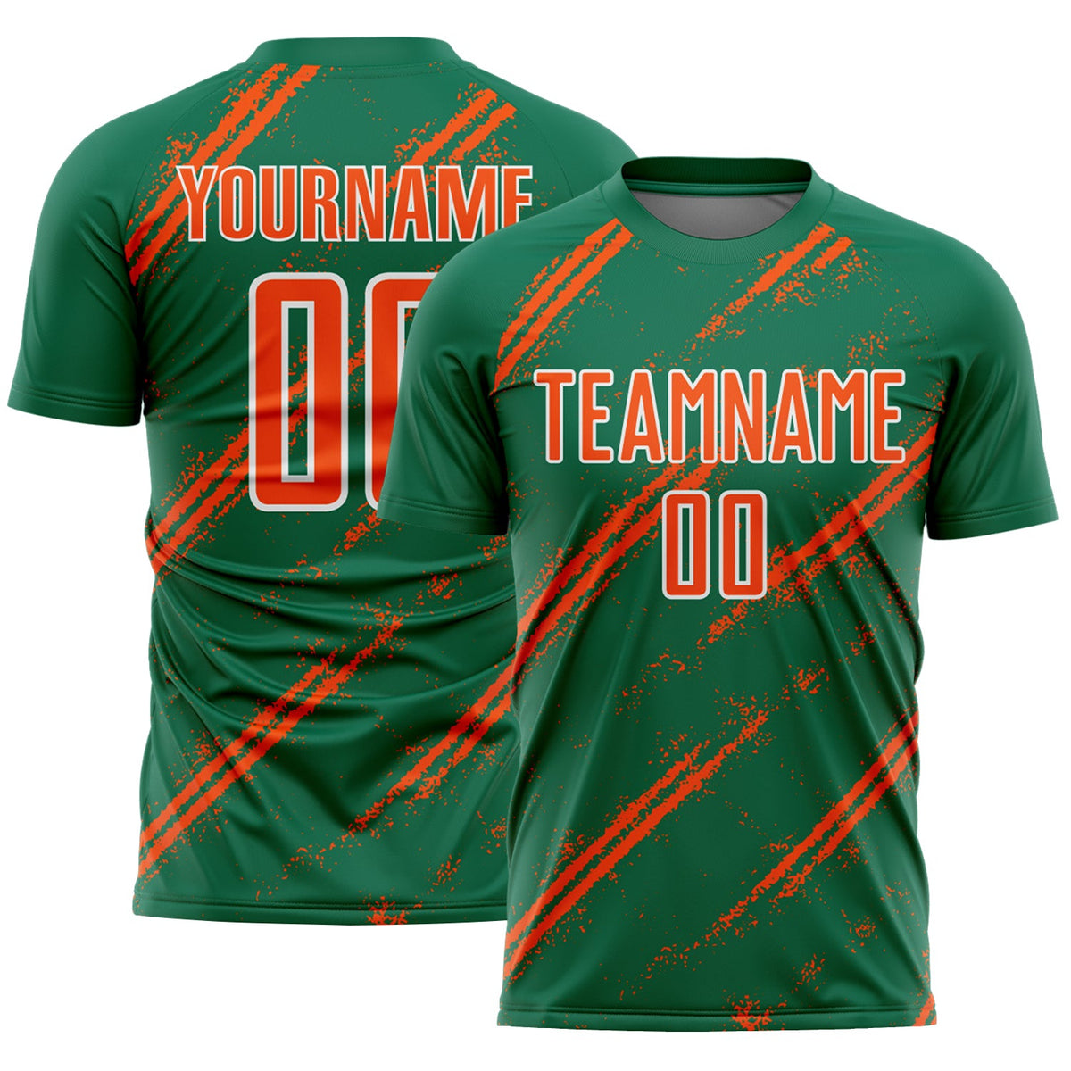 Custom Kelly Green Orange-White Abstract Fragment Art Splash Sublimation Soccer Uniform Jersey