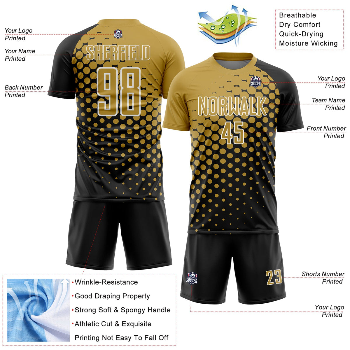 Custom Black Old Gold-White Modern Polka Dot Sublimation Soccer Uniform Jersey