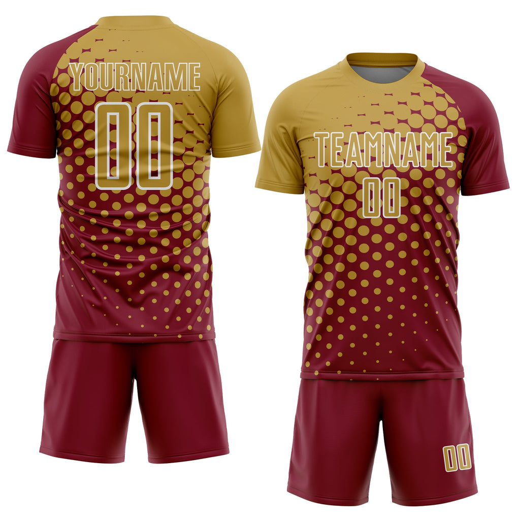 Custom Crimson Old Gold-White Modern Polka Dot Sublimation Soccer Uniform Jersey