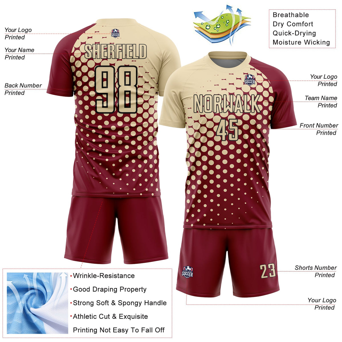 Custom Crimson Cream-Black Modern Polka Dot Sublimation Soccer Uniform Jersey