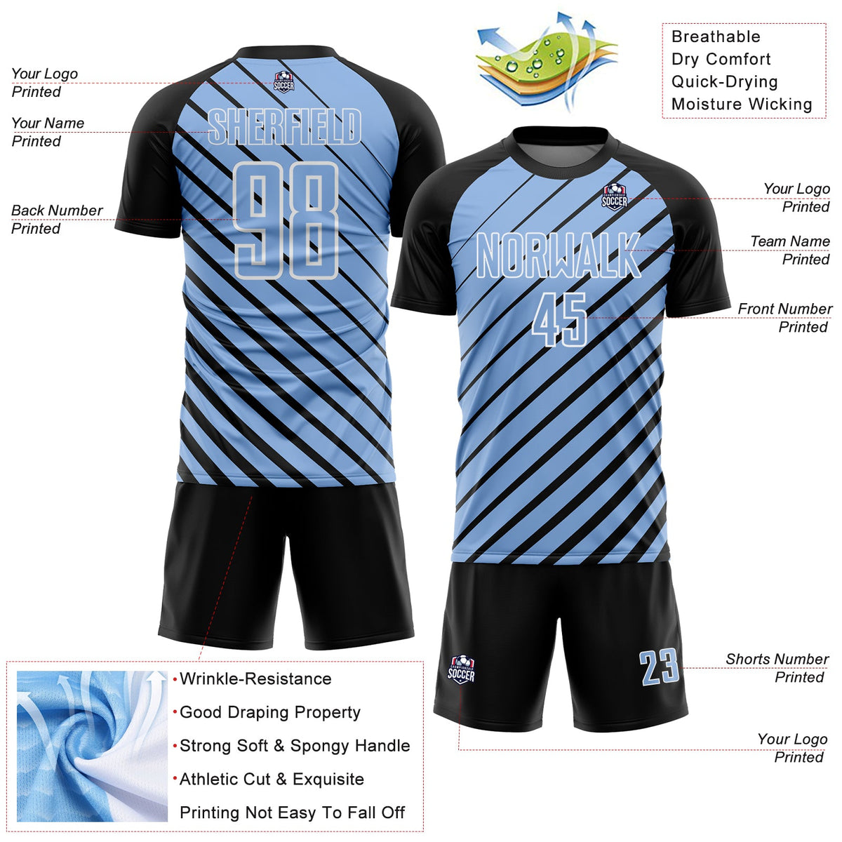 Custom Black Light Blue-White Lines Sublimation Soccer Uniform Jersey