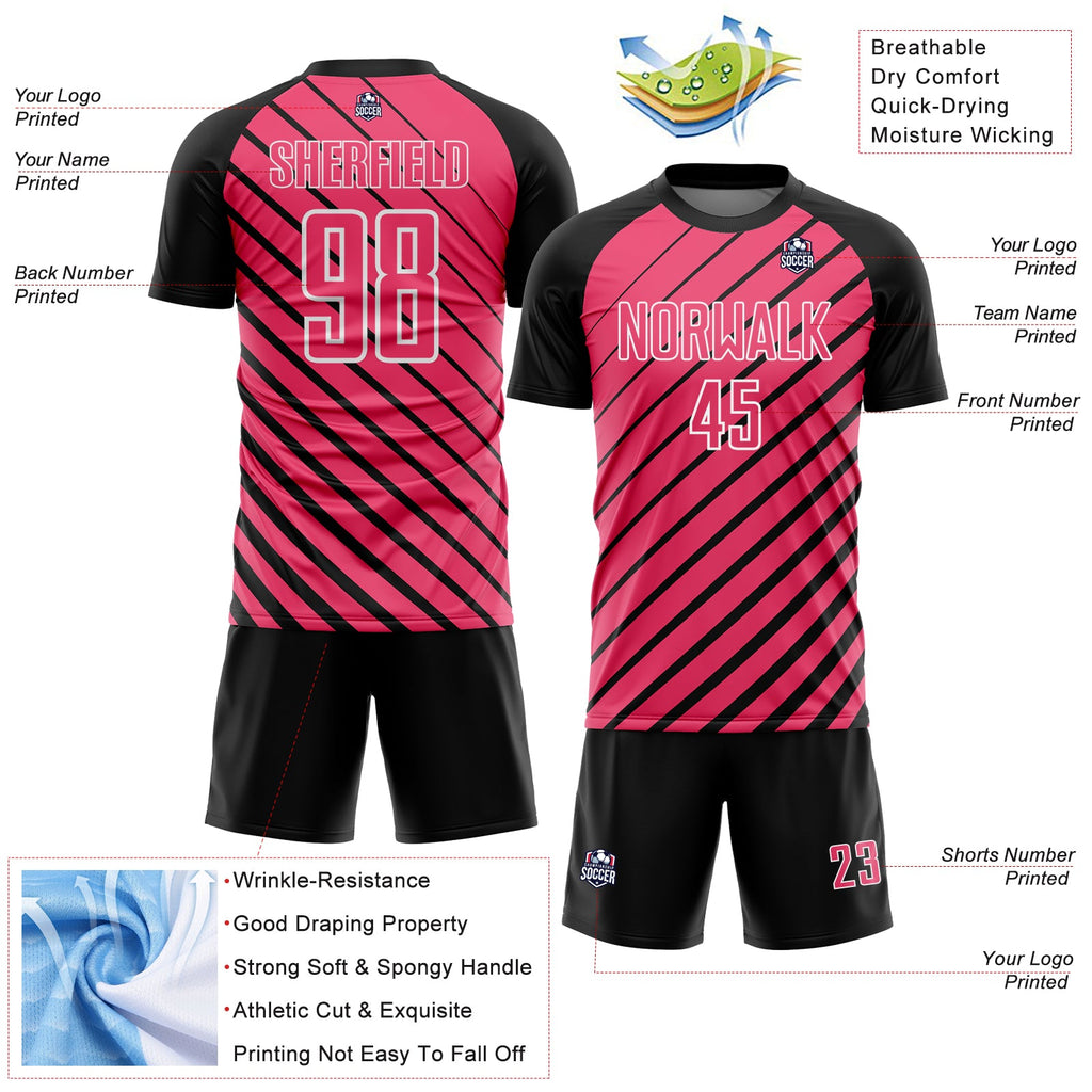 Custom Black Neon Pink-White Lines Sublimation Soccer Uniform Jersey