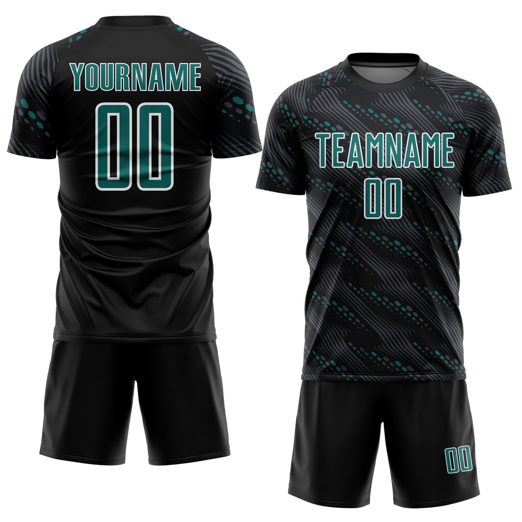 Custom Black Teal-White Slant Lines Sports Sublimation Soccer Uniform Jersey