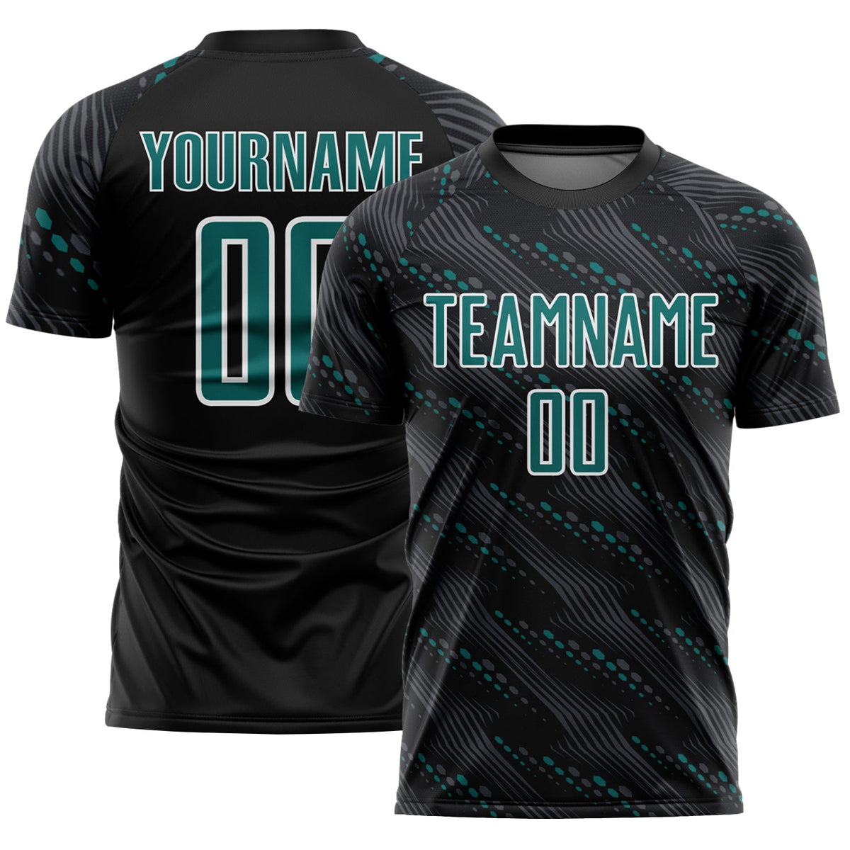 Custom Black Teal-White Slant Lines Sports Sublimation Soccer Uniform Jersey