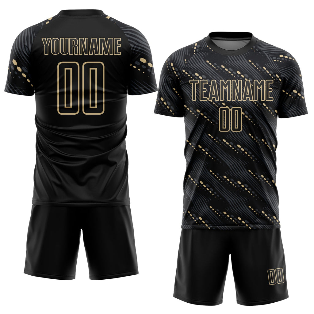 Custom Black Vegas Gold Slant Lines Sports Sublimation Soccer Uniform Jersey