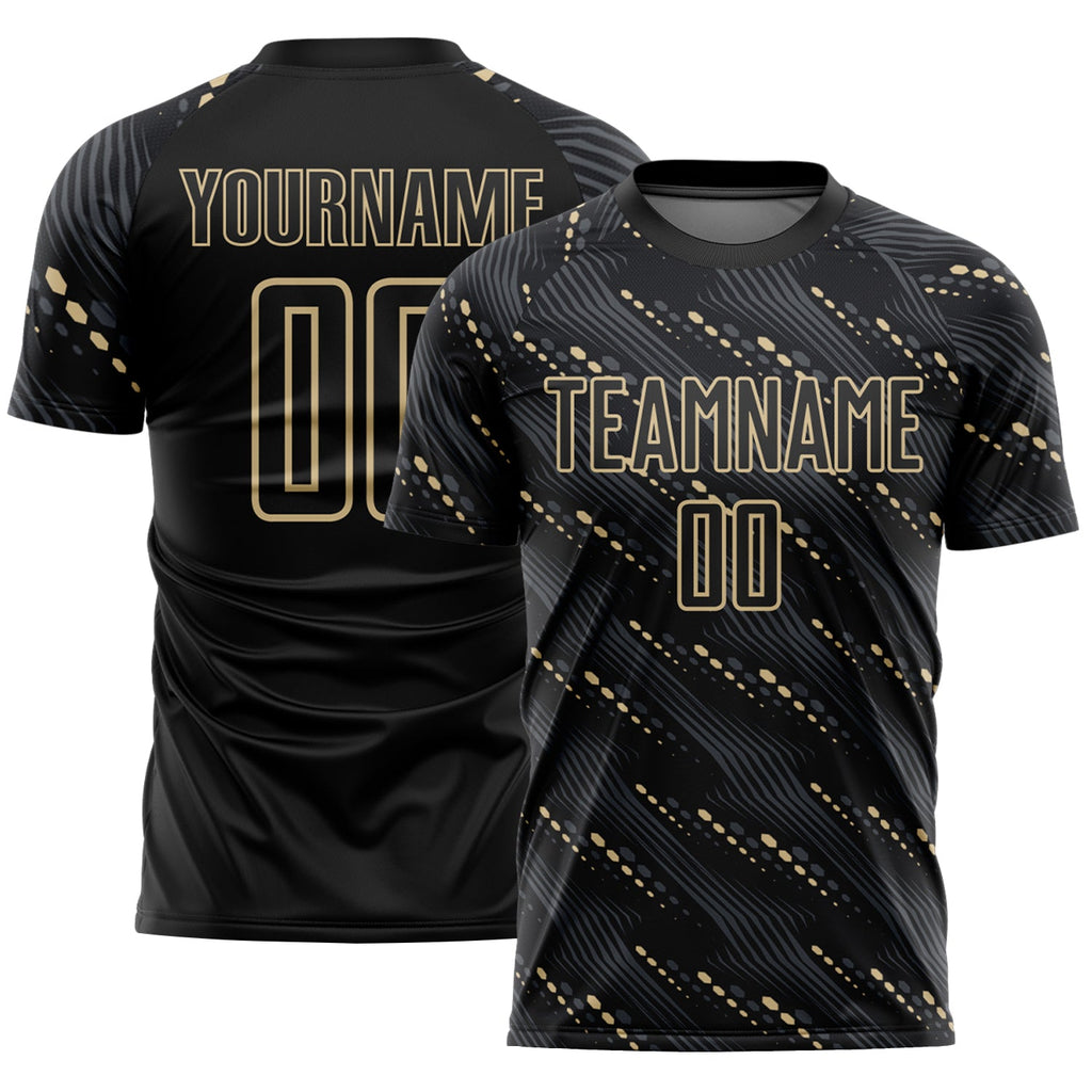Custom Black Vegas Gold Slant Lines Sports Sublimation Soccer Uniform Jersey