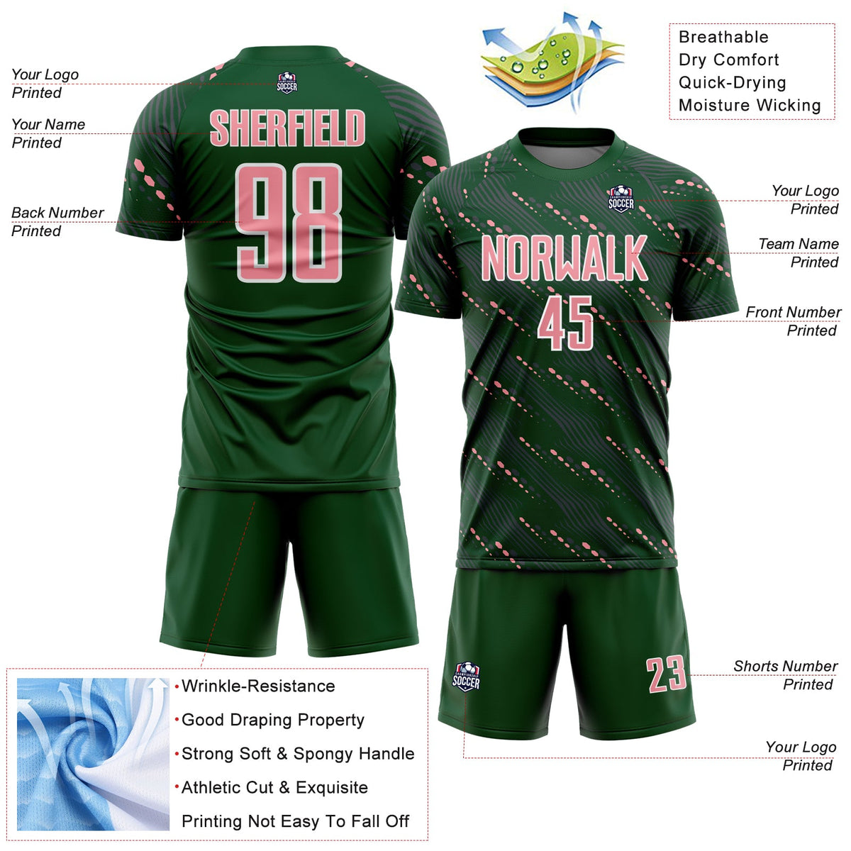 Custom Green Medium Pink-White Slant Lines Sports Sublimation Soccer Uniform Jersey