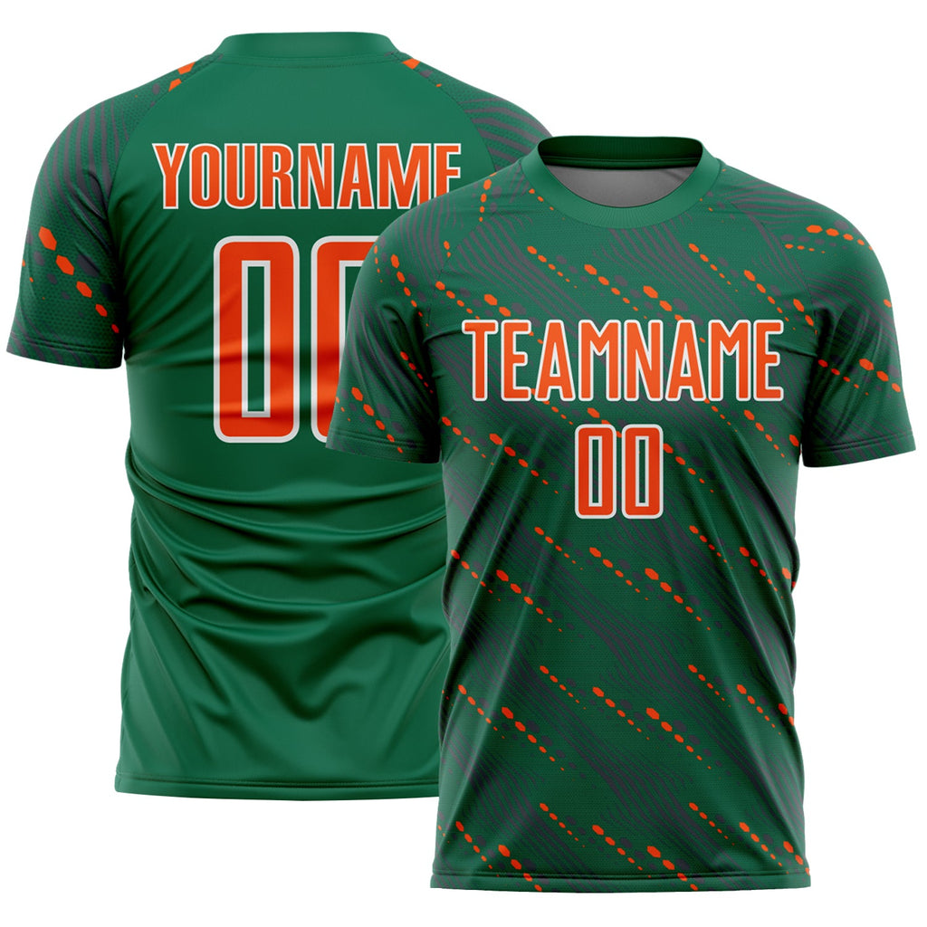 Custom Kelly Green Orange-White Slant Lines Sports Sublimation Soccer Uniform Jersey