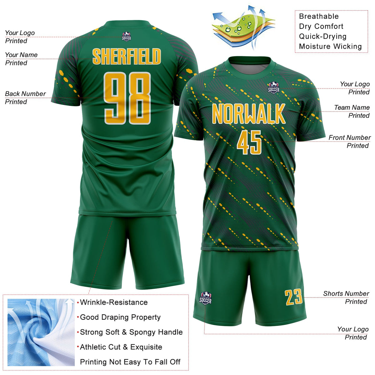 Custom Kelly Green Gold-White Slant Lines Sports Sublimation Soccer Uniform Jersey