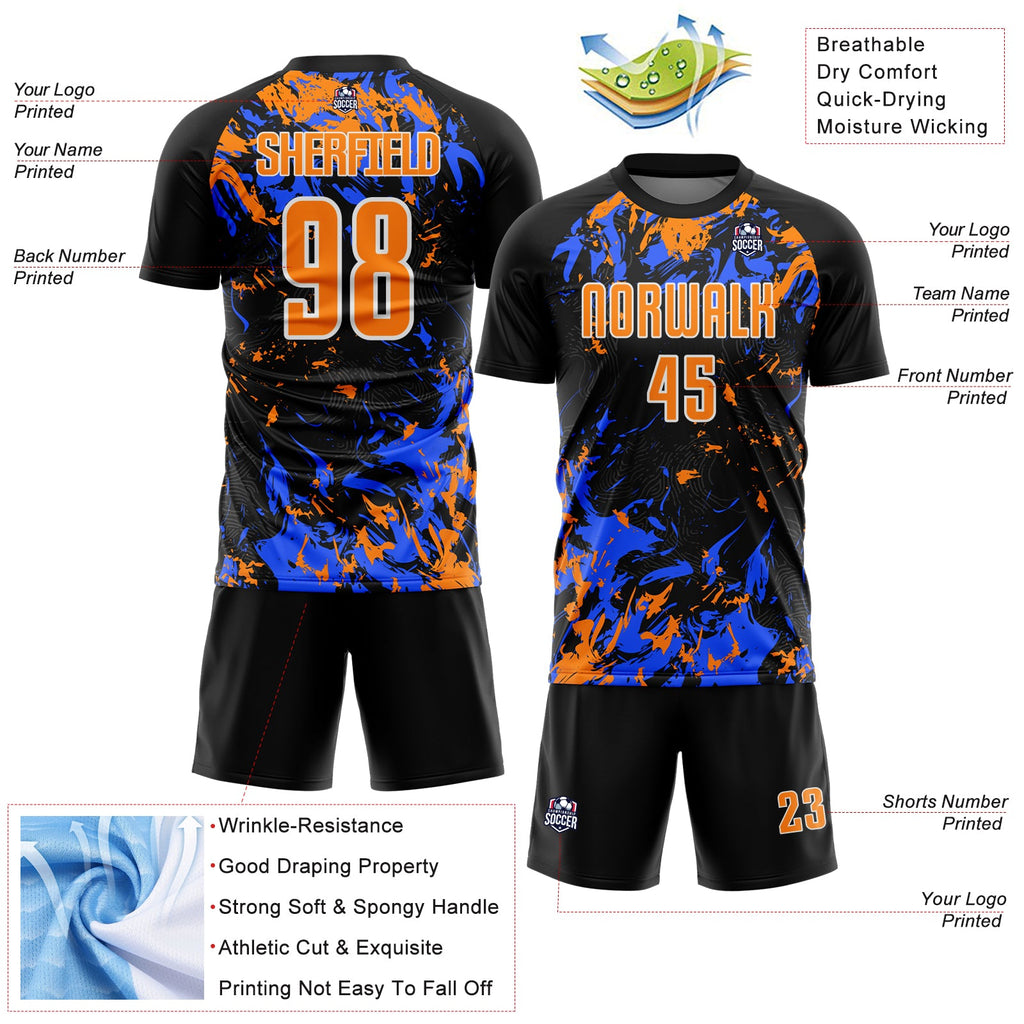 Custom Black Bay Orange Royal-White Fluid Art Splash Sublimation Soccer Uniform Jersey