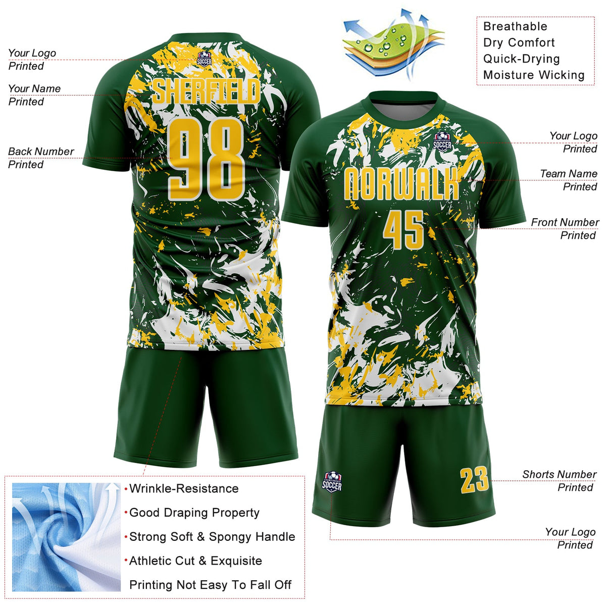 Custom Green Yellow-White Fluid Art Splash Sublimation Soccer Uniform Jersey