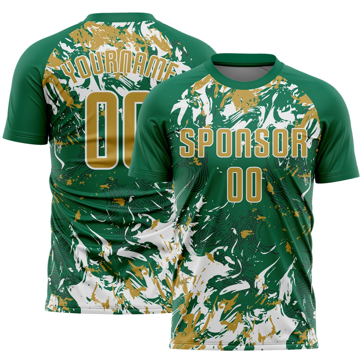 Custom Kelly Green Old Gold-White Fluid Art Splash Sublimation Soccer Uniform Jersey