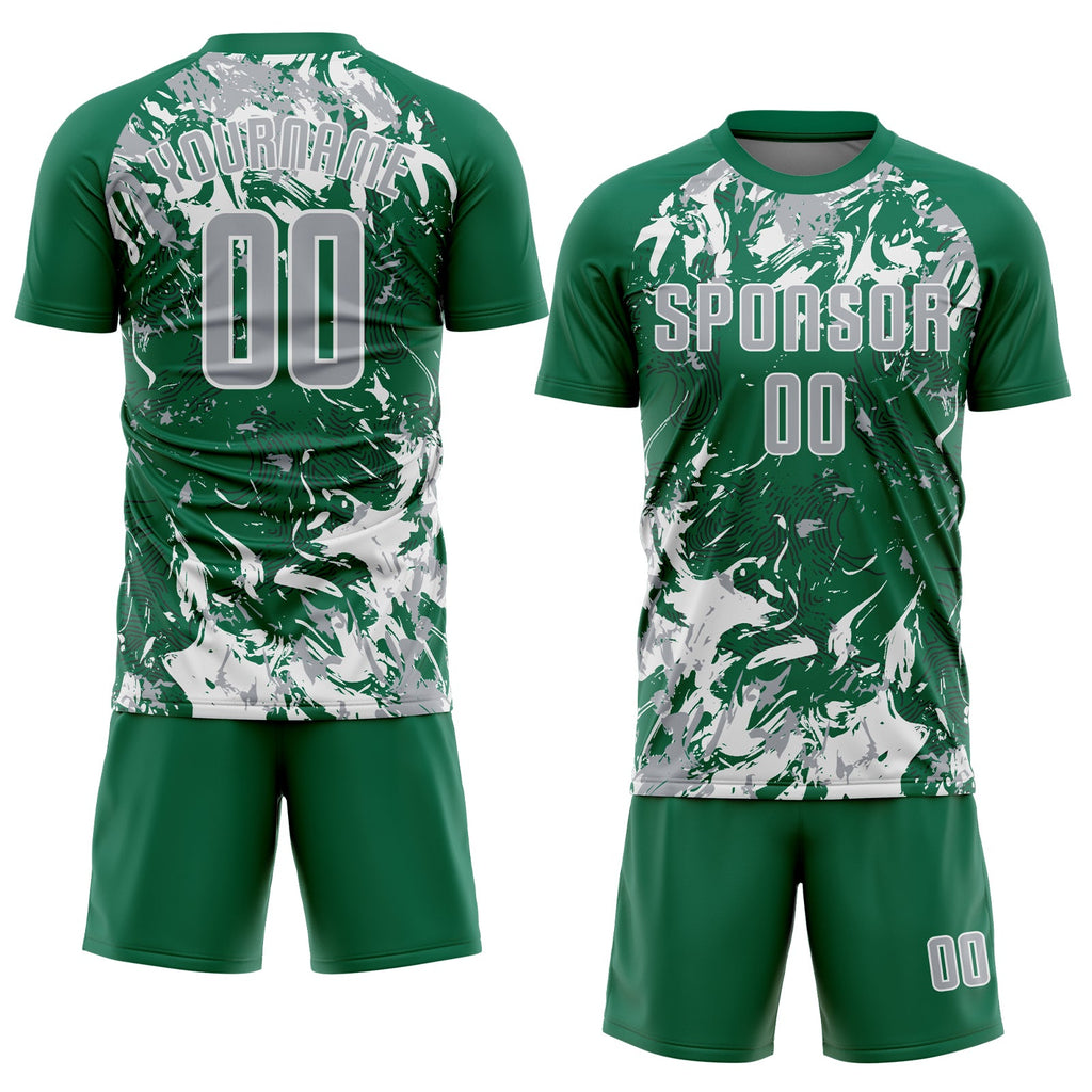 Custom Kelly Green Gray-White Fluid Art Splash Sublimation Soccer Uniform Jersey