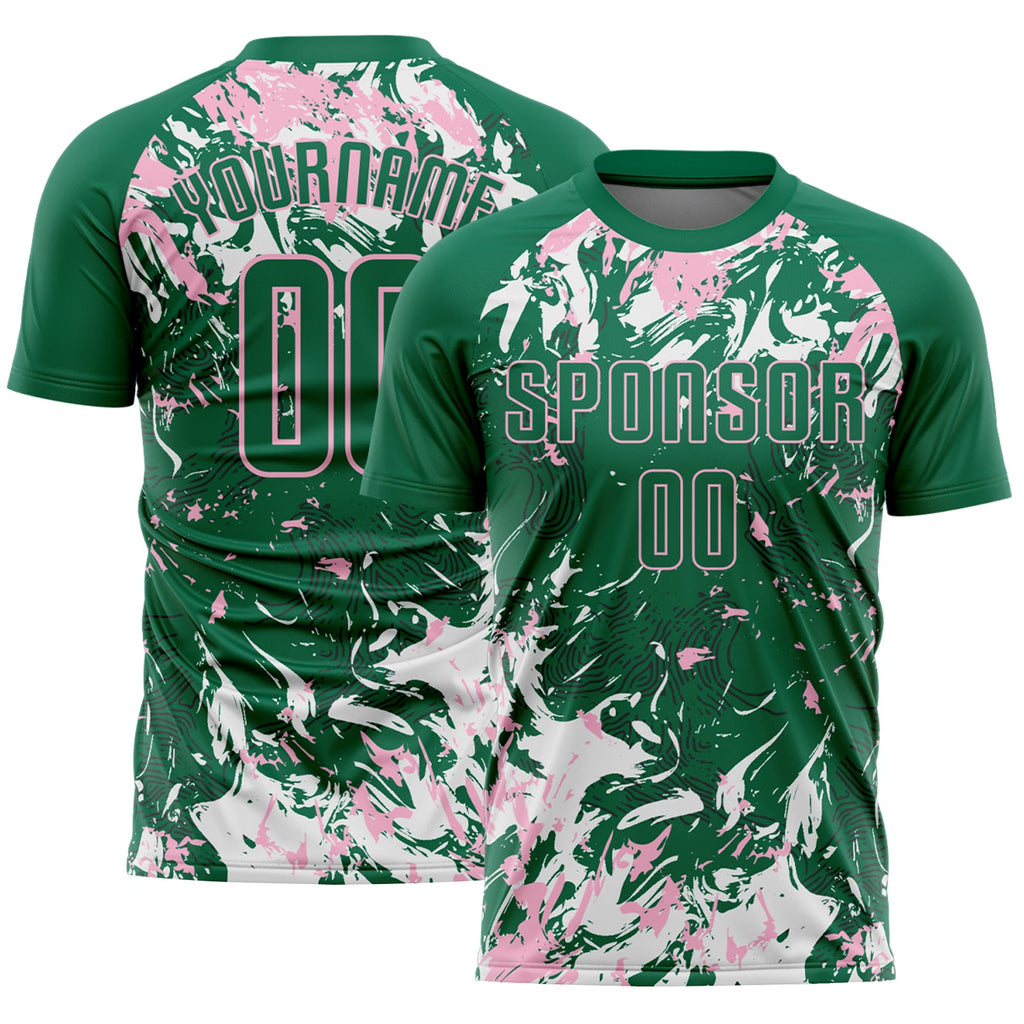 Custom Kelly Green Light Pink-White Fluid Art Splash Sublimation Soccer Uniform Jersey