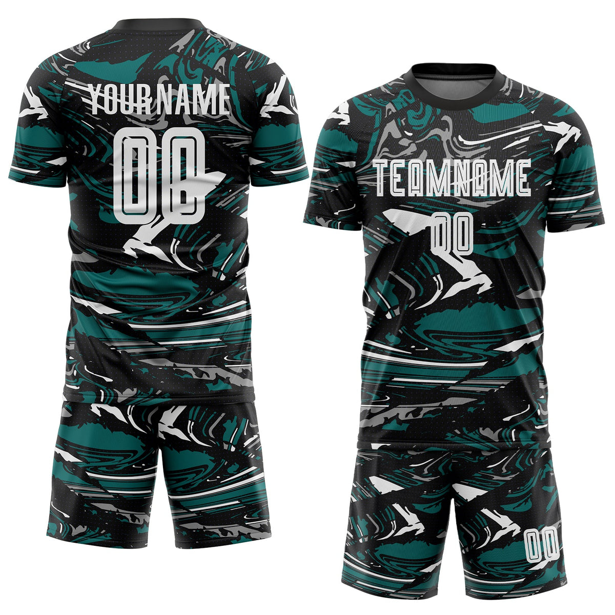 Custom Figure White Black-Teal Fluid Art Splash Sublimation Soccer Uniform Jersey