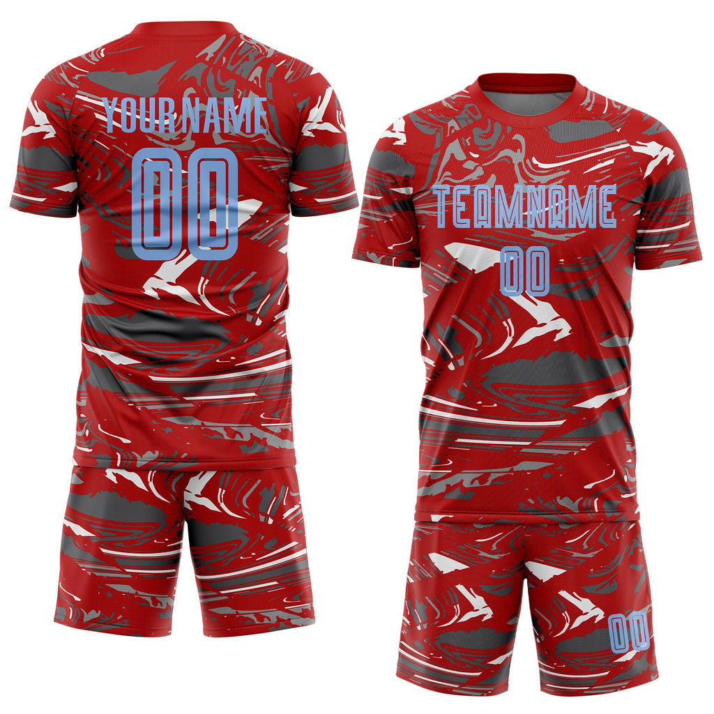 Custom Figure Light Blue Red-Steel Gray Fluid Art Splash Sublimation Soccer Uniform Jersey