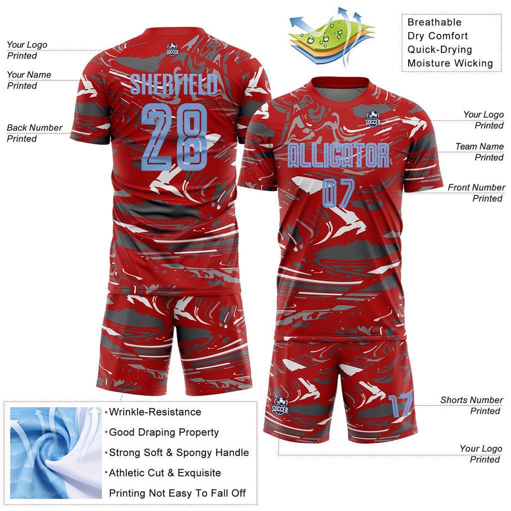 Custom Figure Light Blue Red-Steel Gray Fluid Art Splash Sublimation Soccer Uniform Jersey