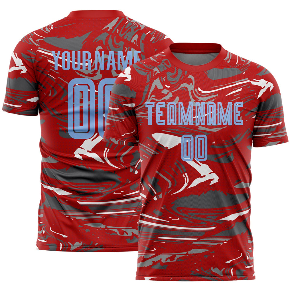 Custom Figure Light Blue Red-Steel Gray Fluid Art Splash Sublimation Soccer Uniform Jersey