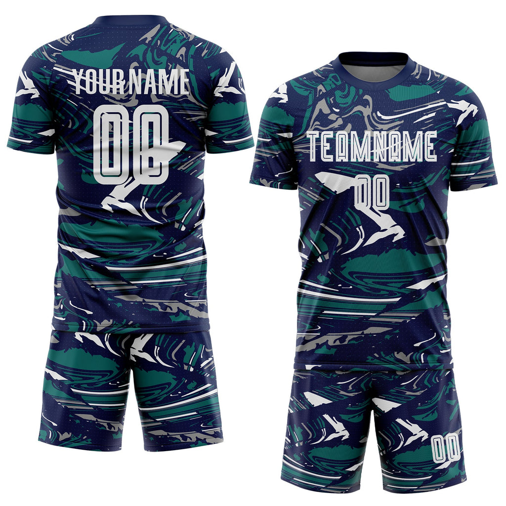 Custom Figure White Navy-Teal Fluid Art Splash Sublimation Soccer Uniform Jersey