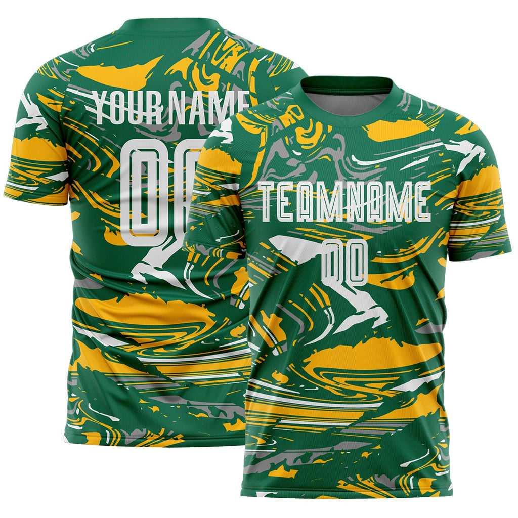 Custom Figure White Kelly Green-Gold Fluid Art Splash Sublimation Soccer Uniform Jersey