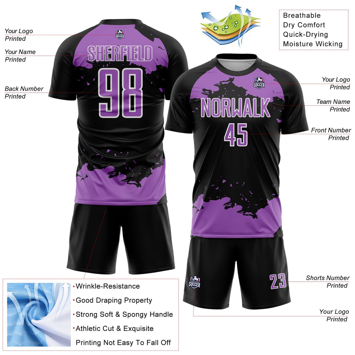 Custom Black Medium Purple-White Abstract Fragment Art Sublimation Soccer Uniform Jersey