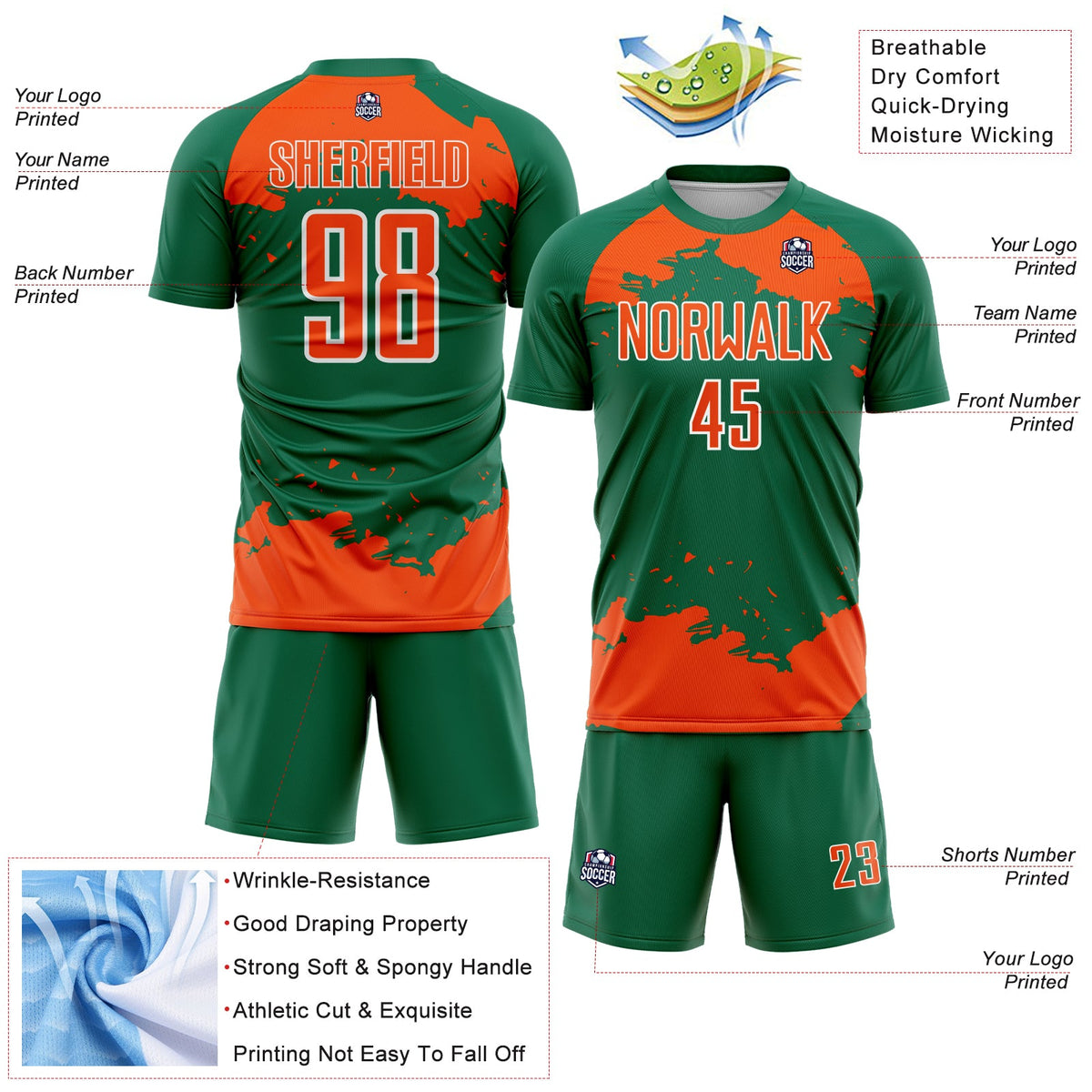 Custom Kelly Green Orange-White Abstract Fragment Art Sublimation Soccer Uniform Jersey