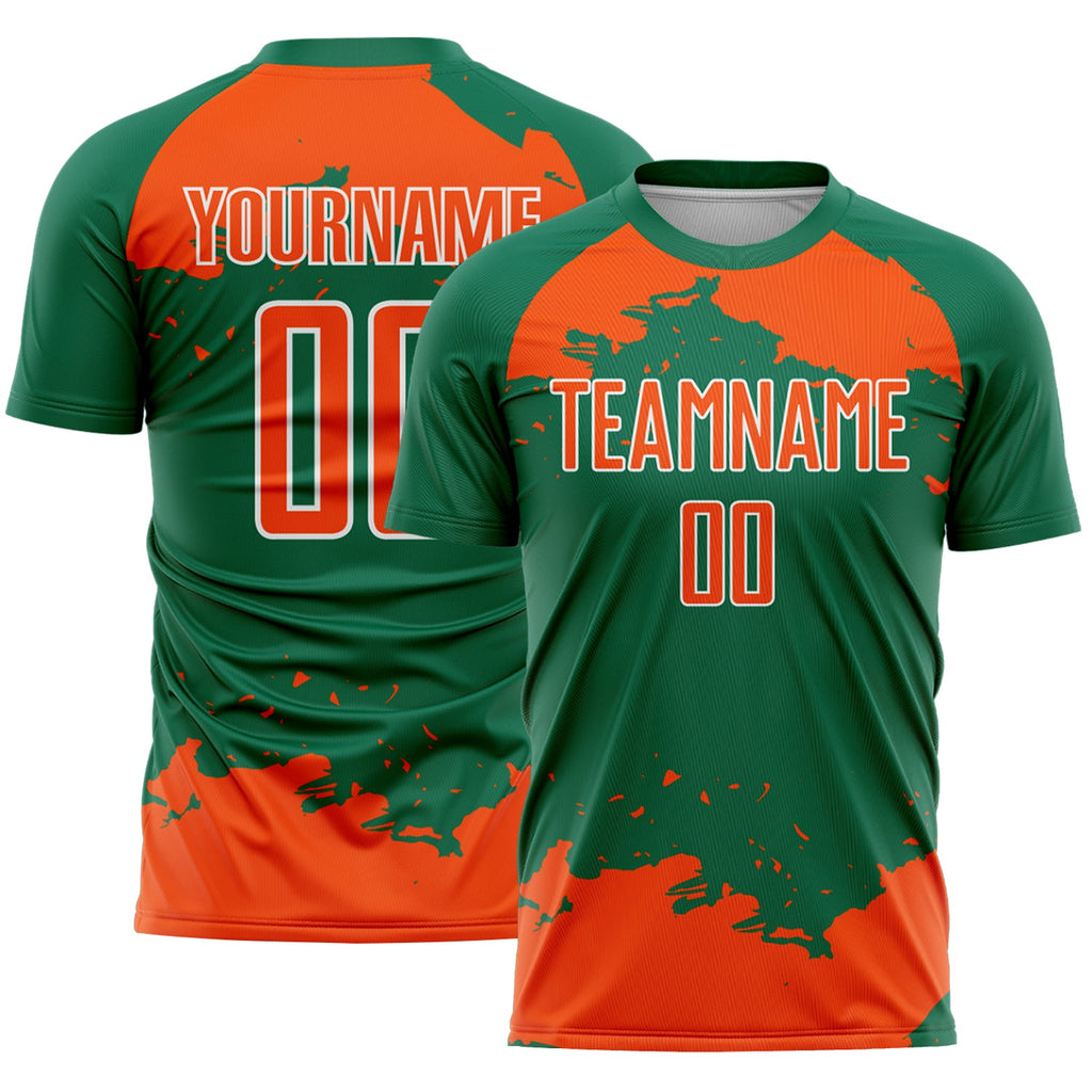 Custom Kelly Green Orange-White Abstract Fragment Art Sublimation Soccer Uniform Jersey