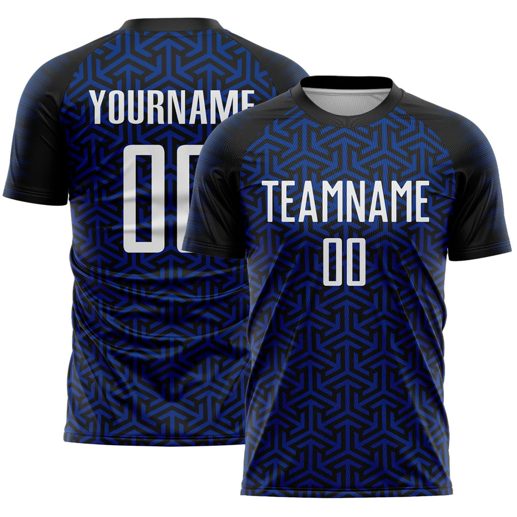 Custom Black White-Royal Geometric Arrow Sublimation Soccer Uniform Jersey