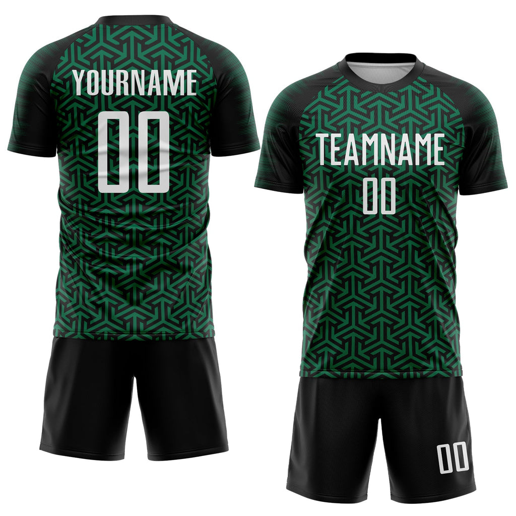 Custom Black White-Kelly Green Geometric Arrow Sublimation Soccer Uniform Jersey