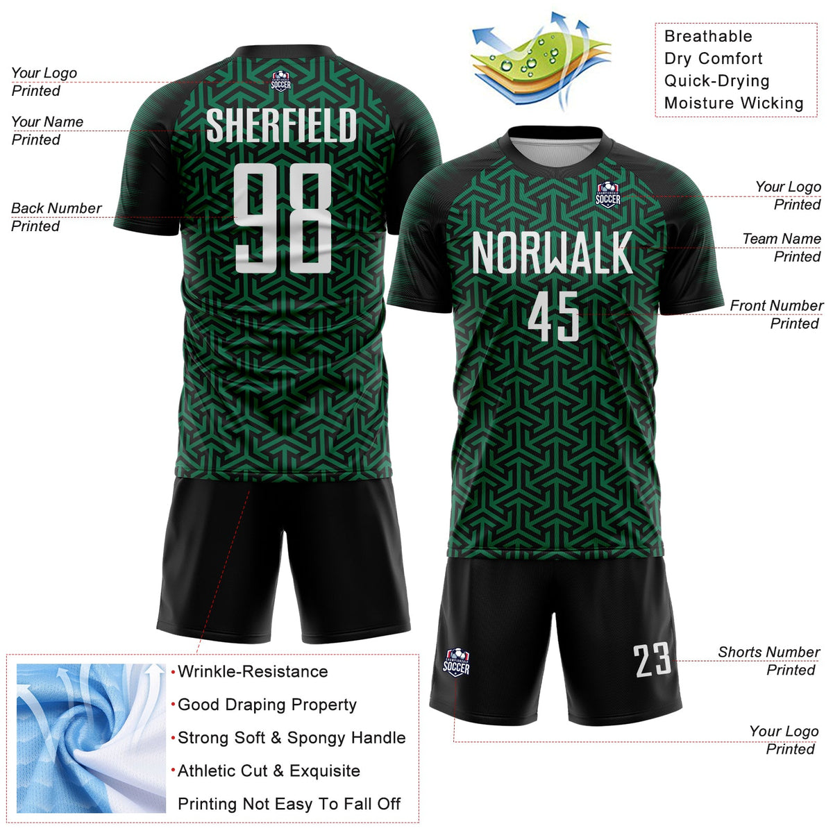 Custom Black White-Kelly Green Geometric Arrow Sublimation Soccer Uniform Jersey