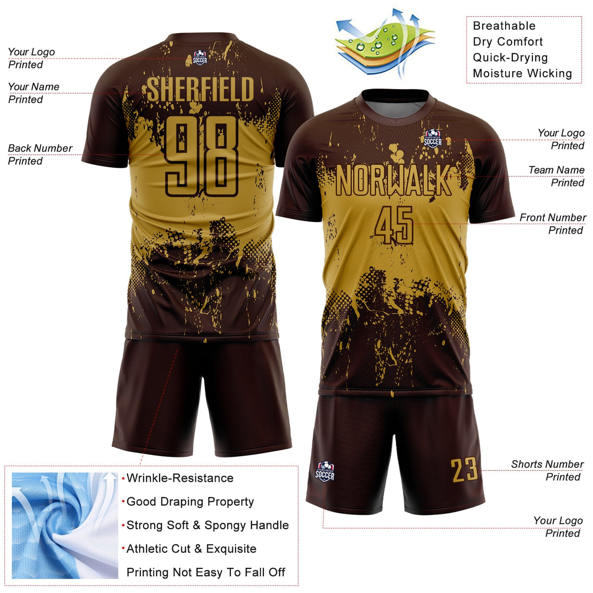 Custom Brown Old Gold Abstract Splatter Grunge Art Sports Sublimation Soccer Uniform Jersey