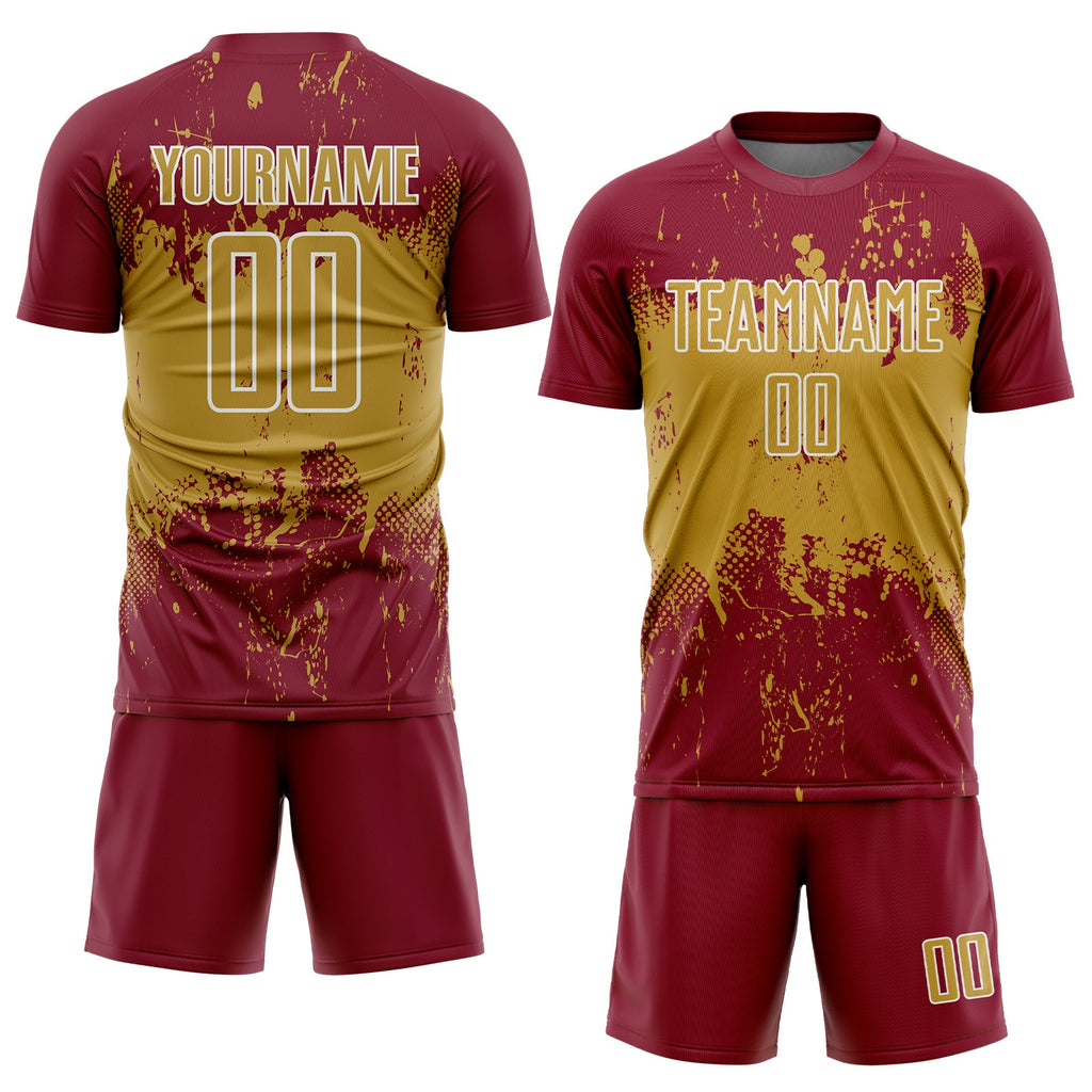 Custom Crimson Old Gold-White Abstract Splatter Grunge Art Sports Sublimation Soccer Uniform Jersey